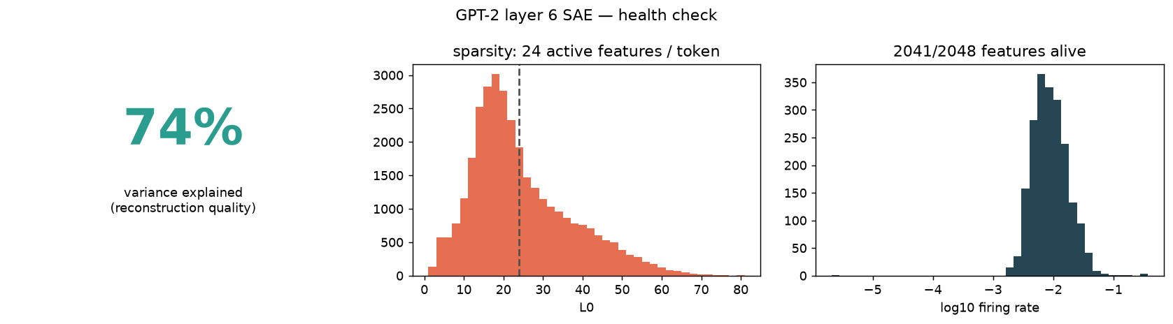 SAE health: variance explained, L0, alive features